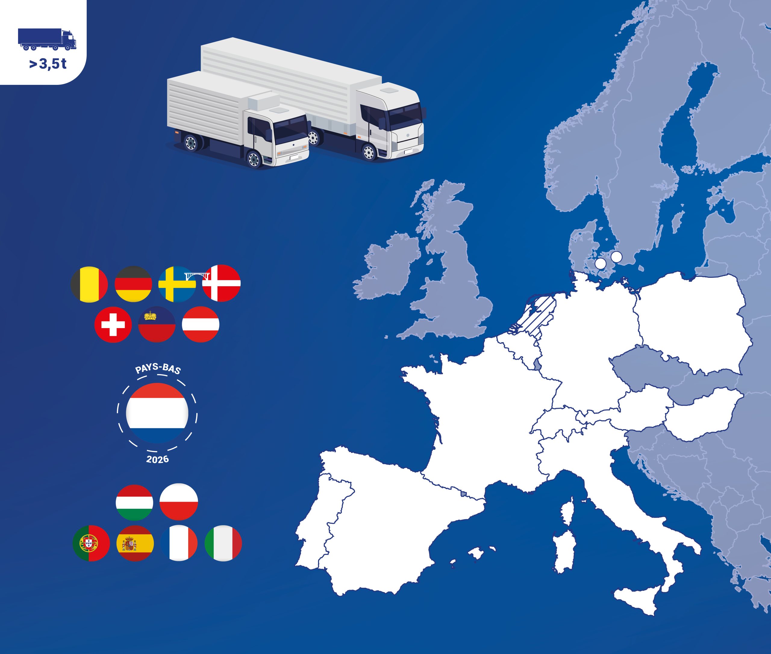affiche-pl-europe Image of the European map, and all the flags of the European countries included in Axxès' European electronic toll offer.